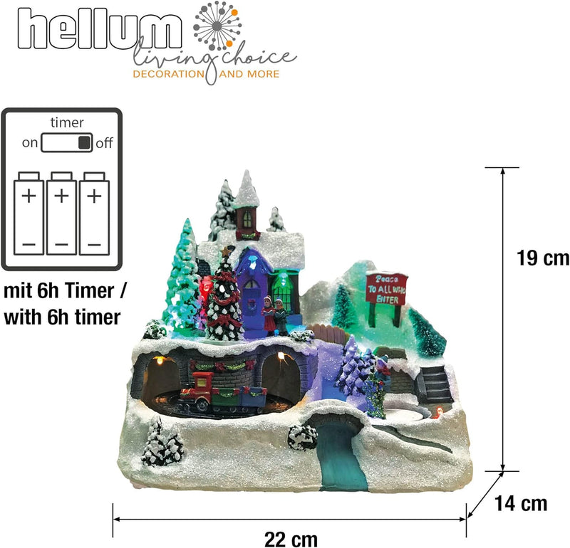 hellum LED Weihnachtsdorf mit fahrendem Zug, Bergdorfszene im Fiberoptikstil, Weihnachtsdeko innen b