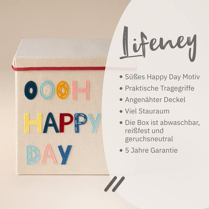 LIFENEY Aufbewahrungsbox mit Deckel und Happy Day I Spielzeugbox mit Motiv passend für Würfelregale