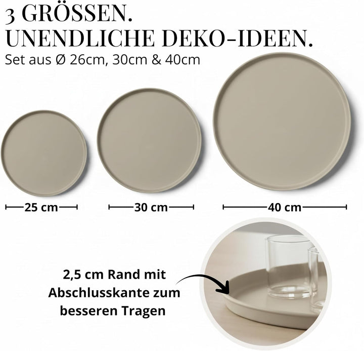 LIVLIG Deko Tablett 3er Set, Serviertablett rund (25 cm, 30 cm, 40 cm), Dekotablett für Adventskranz