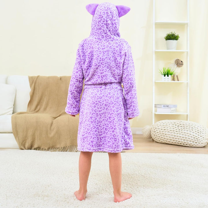 Katzen Bademantel für Mädchen Weiches Fleece Morgenmäntel mit Kapuze und Katzenohren Leopard Lila 4-