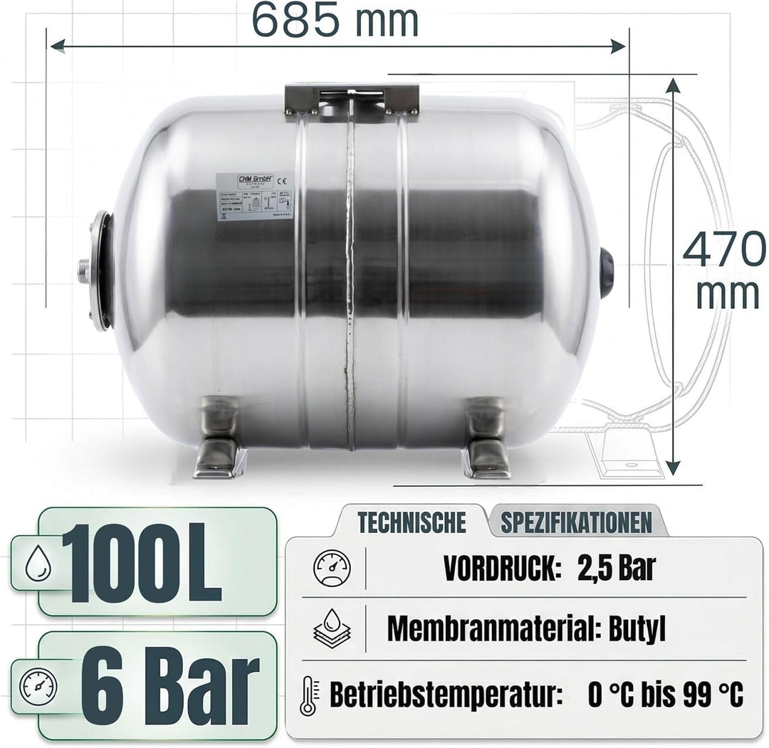 Membrankessel 100 L Druckkessel Edelstahl max. 6 Bar, Drucktank Hauswasserwerk CHM GmbH® Ausdehnungs