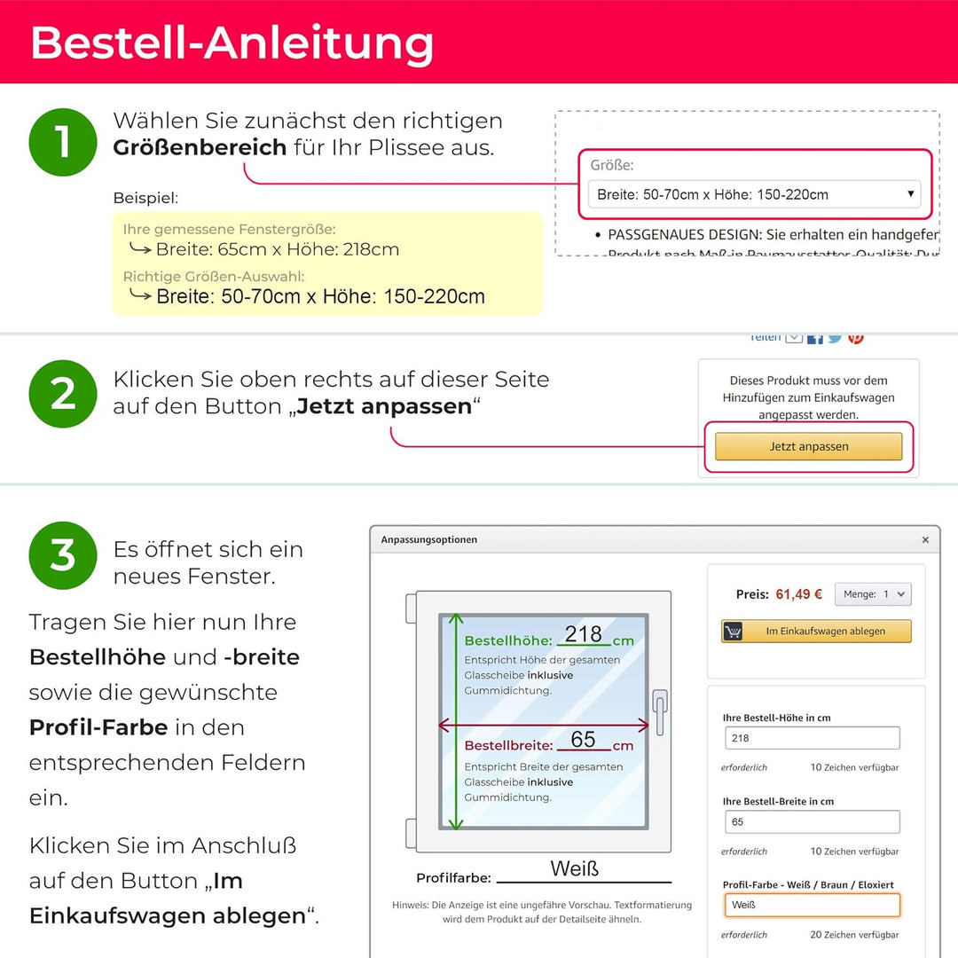 SchattenFreude Waben-Plissee nach Mass für Fenster & Tür | 100% verdunkelnd/Blackout | Zum Anschraub