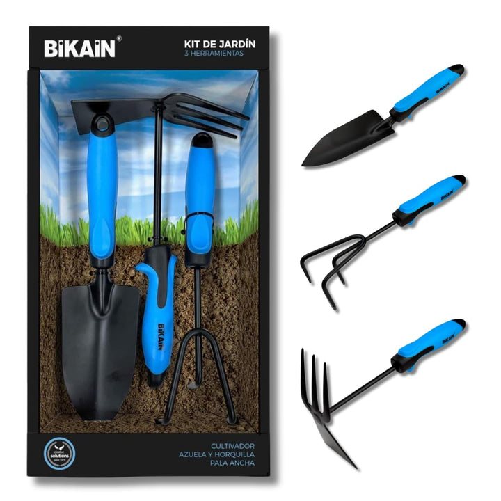 BIKAIN - Gartenwerkzeug-Set - 3 Werkzeuge - Enthält Breite Schaufel, Lanze+Gabel und Kultivator - Er
