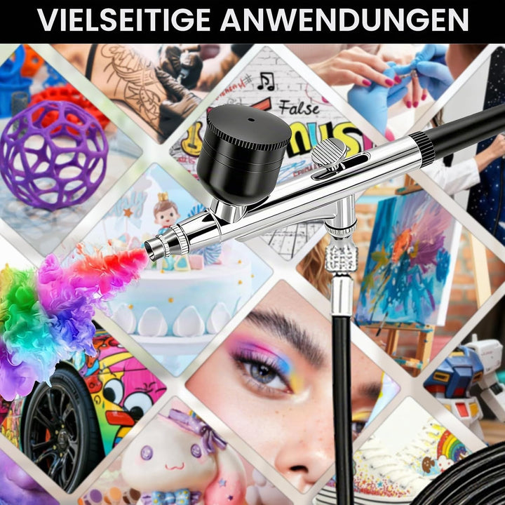 Airbrush Set, mit Kompressor, 3-stufige Druckregelung (bis 60 PSI), 5 Düsen und Zubehör, für Modellb