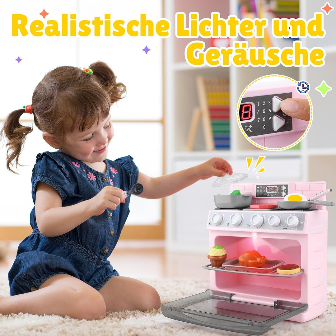 PLAY Kinderküche Zubehör Backofen Spielzeug Set, Küchengeräte Kinder Set mit Ofen, Lebensmittel Spie