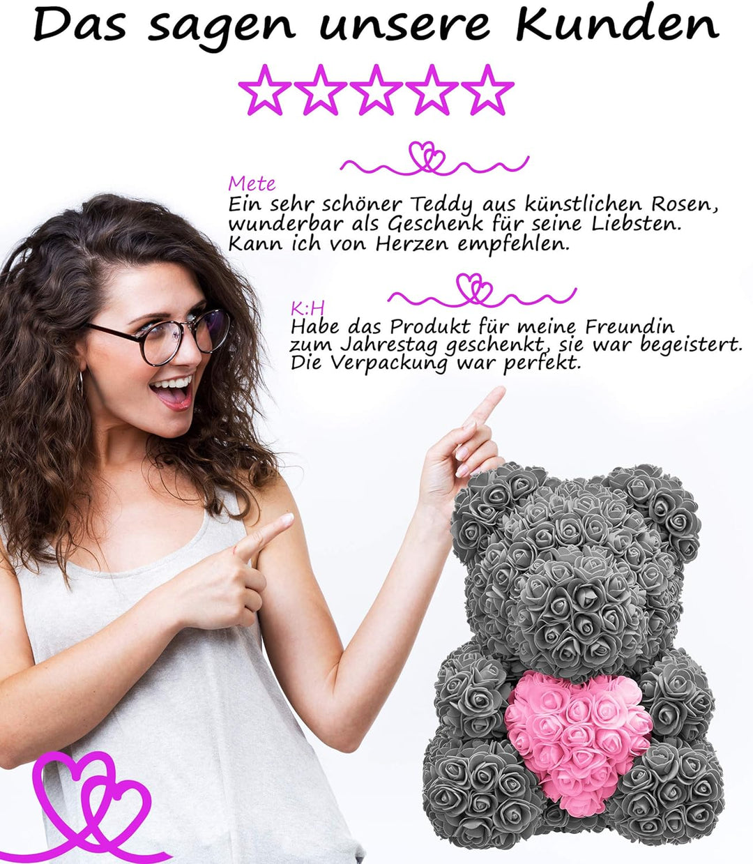 NADIR Rosen Bär Blumenbär mit Geschenkbox, Geburtstagsgeschenk für Frauen, Geschenk für Freundin zum