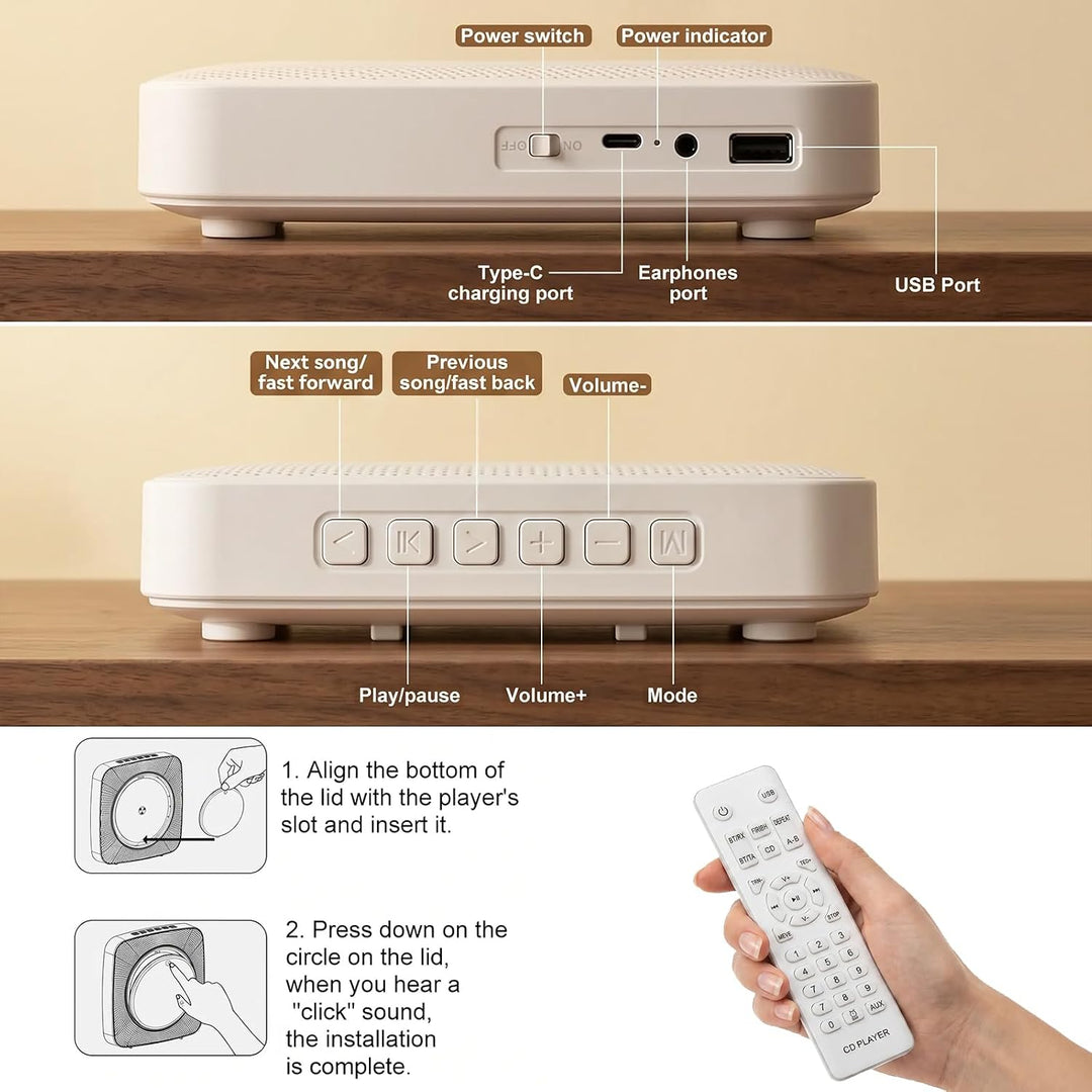 Gueray Desktop CD Player Bluetooth CD-Spieler mit Lautsprechern für Zuhause 1800mAh Tragbarer CD-Pla
