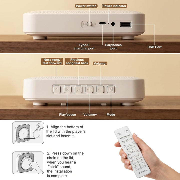 Gueray Desktop CD Player Bluetooth CD-Spieler mit Lautsprechern für Zuhause 1800mAh Tragbarer CD-Pla