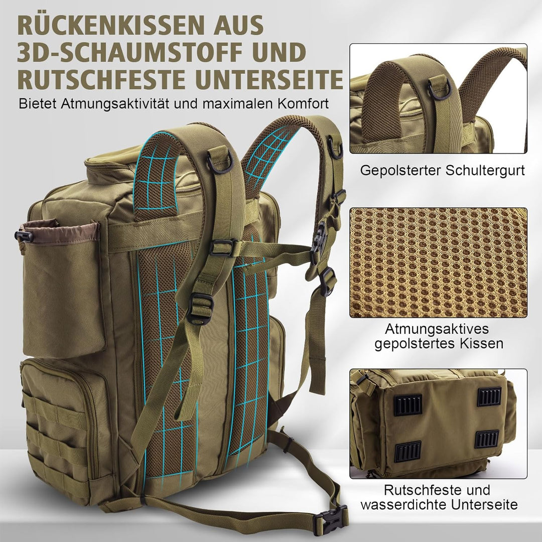 Goture Angelrucksack mit 4 Köderbox Angeln, 45-Liter Angelzubehör-Rucksack mit Zwei Rutenhaltern und