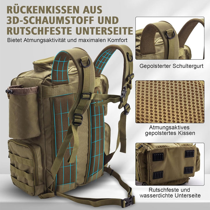 Goture Angelrucksack mit 4 Köderbox Angeln, 45-Liter Angelzubehör-Rucksack mit Zwei Rutenhaltern und