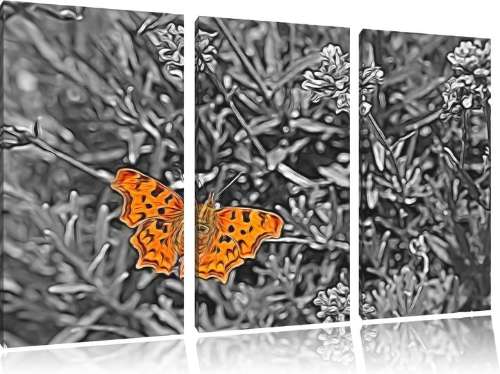 schöner Schmetterling auf Blumenwiese schwarz/weiss Spezial 3-Teiler Leinwandbild 120x80 Bild auf Le