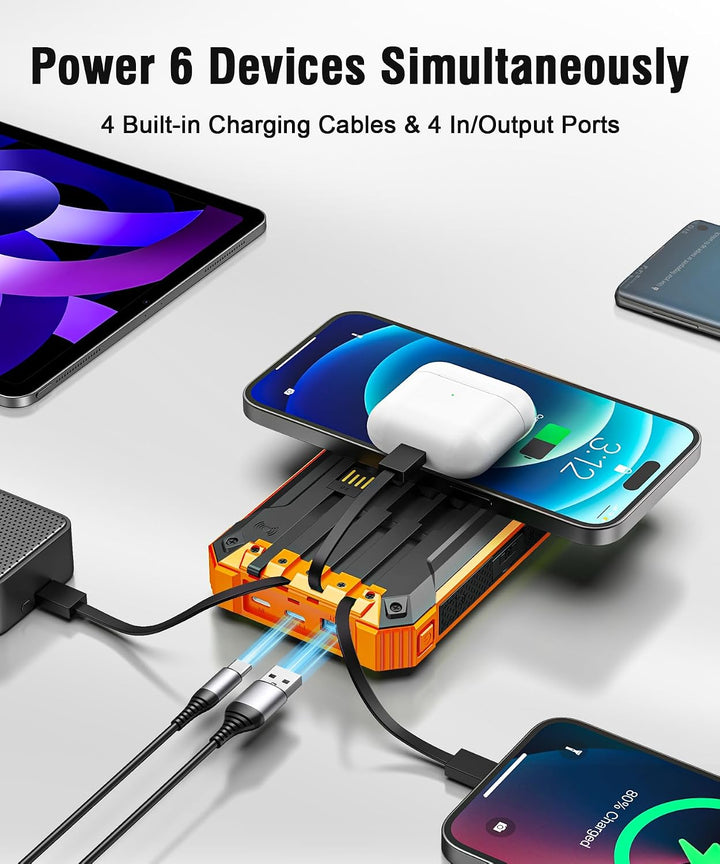 Solar Powerbank 26800mAh mit integrierten 4 Kabeln, Wireless Power Bank USB-C Ausgang/Eingang 15W Sc