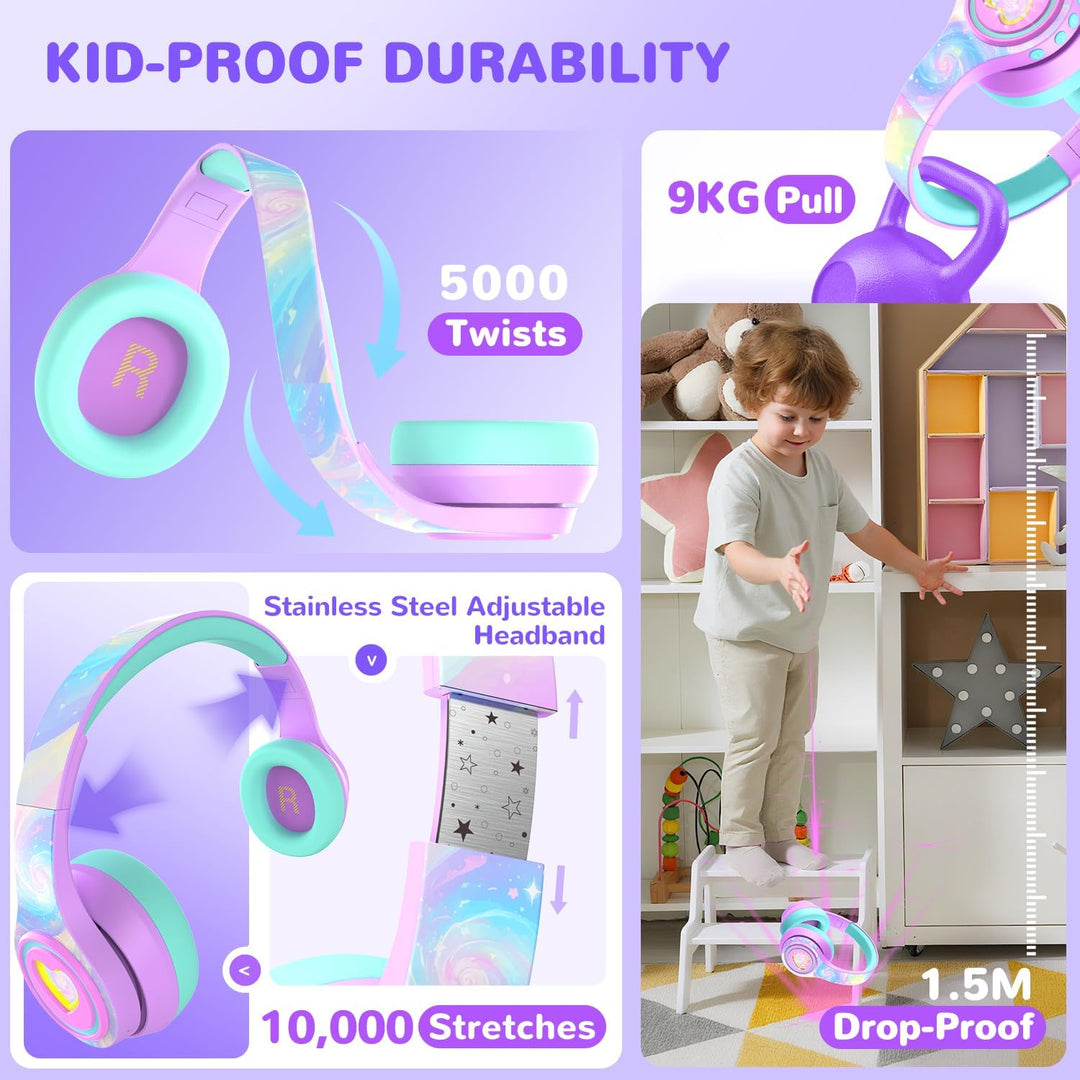 iClever Noise Cancelling Bluetooth Kopfhörer Kinder, LED-Beleuchtung, Bluetooth 6.0, Type-C-Schnella