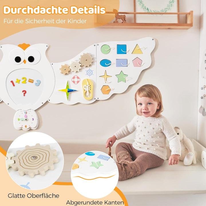 DREAMADE Montessori Busy Board, Motorikbrett aus Holz mit Blöcken & Xylophon & Zahnrädern & Uhr, Mon