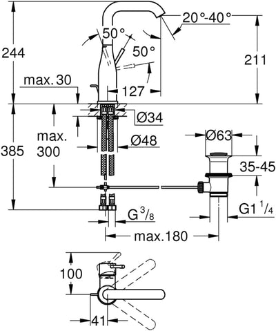 GROHE Essence - Einhand-Waschtischarmatur (wassersparend, DN 15, L-Size), hard graphite, 32628A01 L