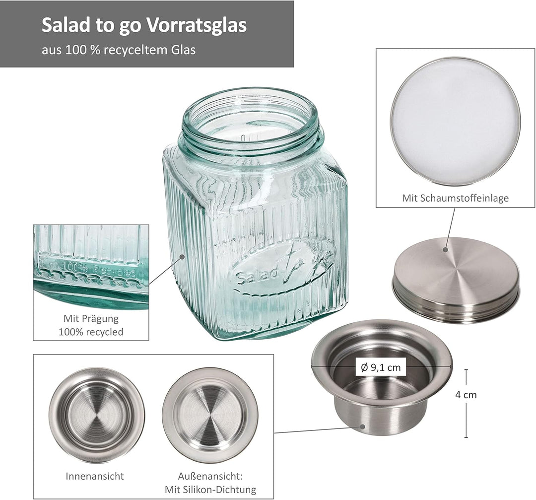 MamboCat 3tlg Set Salat to Go Vorratsglas 1 L I Aufbewahrungsbehälter für Salat I 100% recyceltes Gl