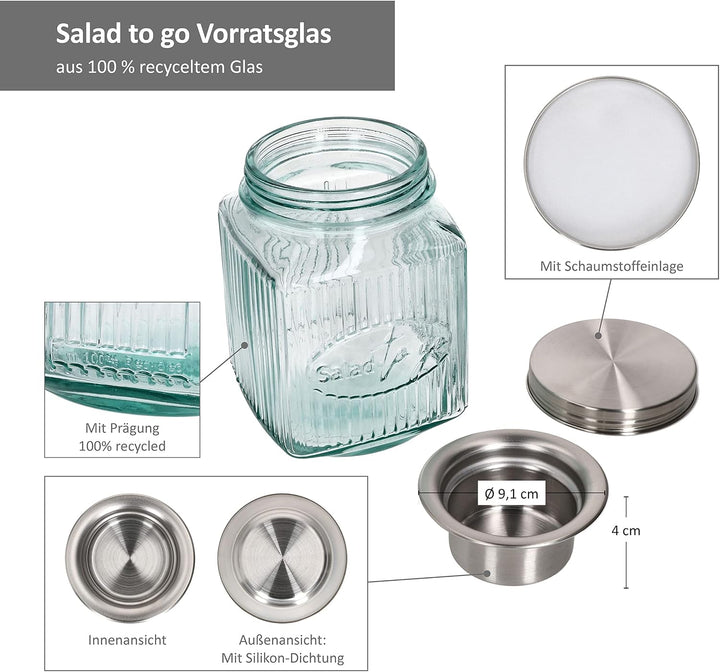 MamboCat 3tlg Set Salat to Go Vorratsglas 1 L I Aufbewahrungsbehälter für Salat I 100% recyceltes Gl