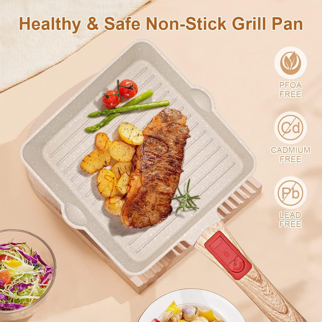 Bobikuke Grillpfanne 20x 20 cm, Steakpfanne Antihaft Beschichtet Aluminium Grill Pfanne mit zwei Aus