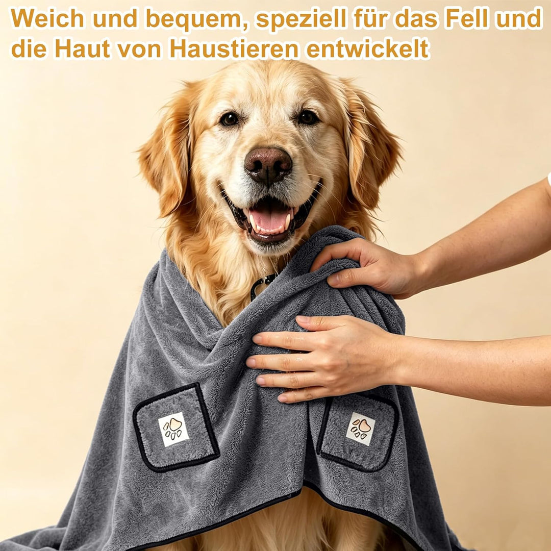Hundehandtuch 2er Set, Hunde Handtuch Extra Saugfähig, Mikrofaser-Handtücher mit Griffaschen und Tas