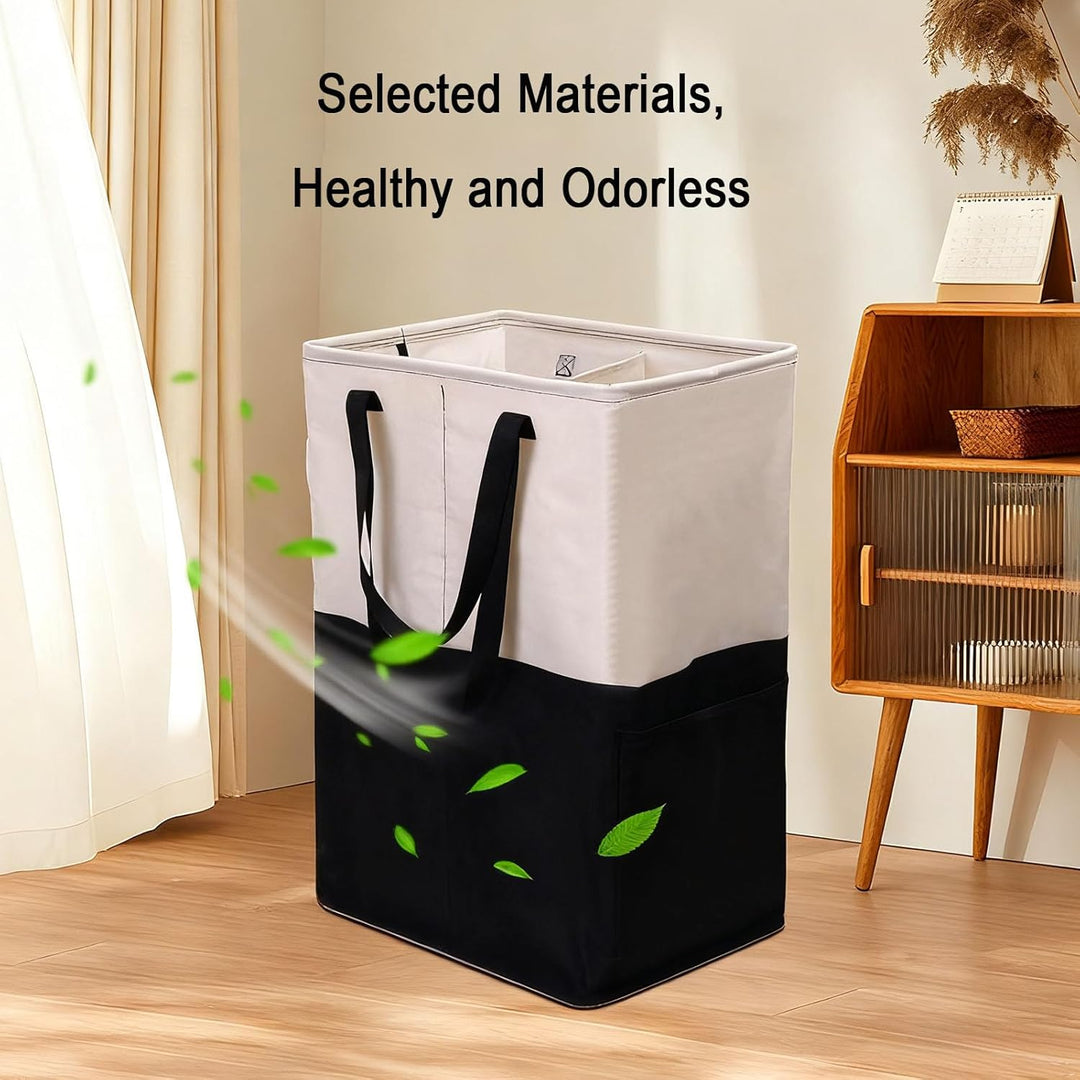 88L Faltbarer Wäschekorb mit 2 Fächern, Rechteckiger Wäschesammler mit Griffen für Schlafzimmer, Bad