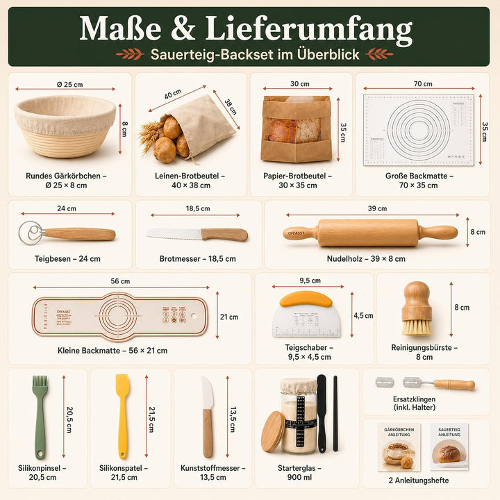Markenname Sauerteig Starter Set, 2 Gärkörbchen 25 cm und Starterglas | Runder und ovaler Gärkorb au
