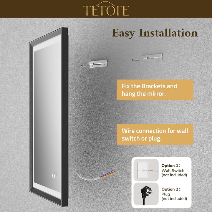 TETOTE Badspiegel mit Beleuchtung Schwarz Metallrahmen 50x70cm, Badezimmerspiegel Beleuchtet Beschla