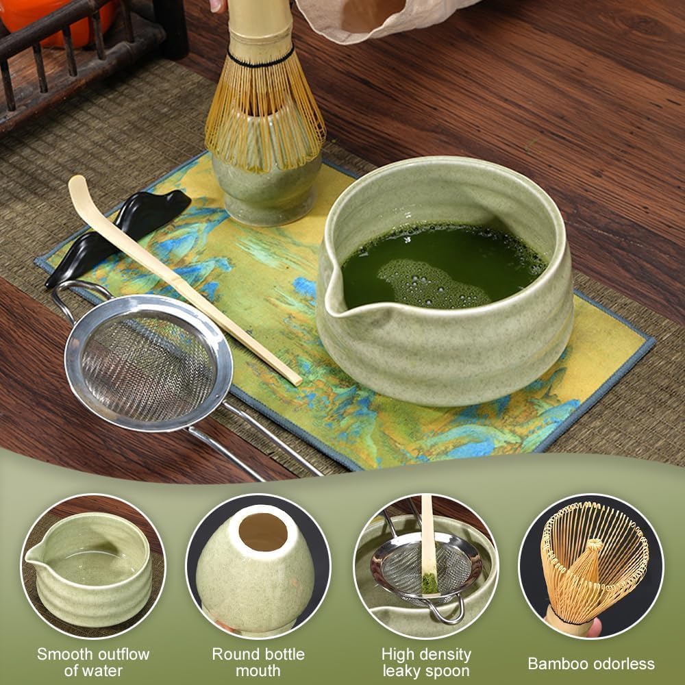 5 Stück Matcha Set, Bambus Matcha Besen, Keramik Matcha Schale mit Ausgiesser, Matcha Whisk, Schaufe