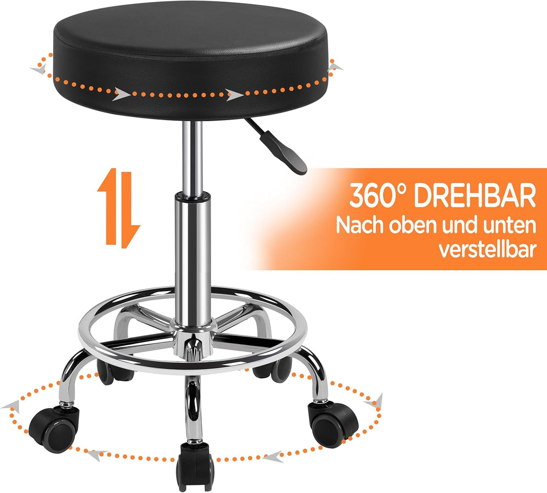 Yaheetech Rollhocker Höhenverstellbar 50,5–65 cm Sitzhöhe Drehhocker 360° Drehbar Bürohocker bis 120