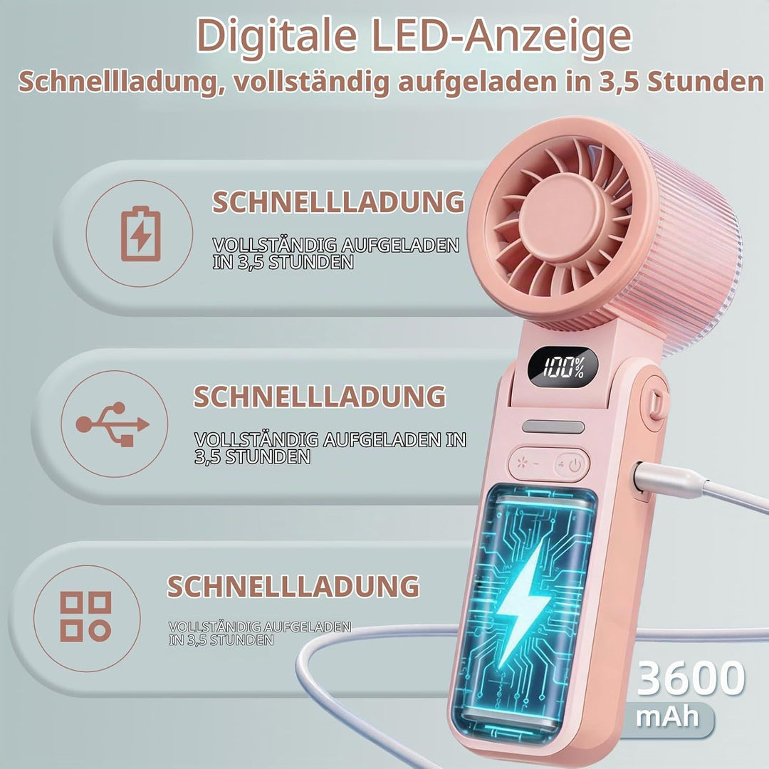 Handventilator Tragbarer Mini Ventilator mit 100 Stufen, USB Ventilator Wiederaufladbarer Akku, 3-in