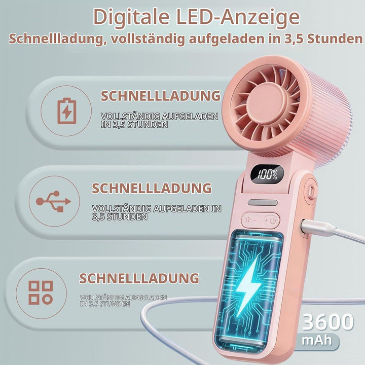 Handventilator Tragbarer Mini Ventilator mit 100 Stufen, USB Ventilator Wiederaufladbarer Akku, 3-in
