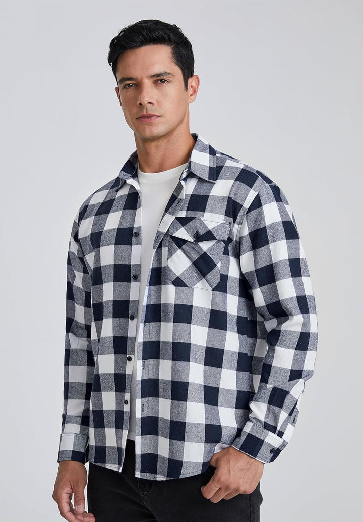 HISDERN Flanellhemd Herren Karierte Hemden Herren Langarm Button Down Baumwolle Holzfällerhemd Regul