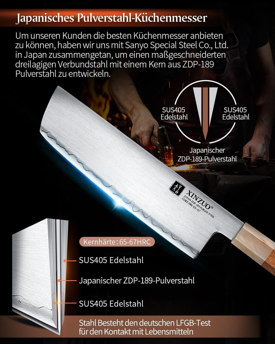 XINZUO Japanischer Stahl Nakirimesser 18.3cm Küchenmesser, Handgeschmiedet Kochmesser Japanischer ZD