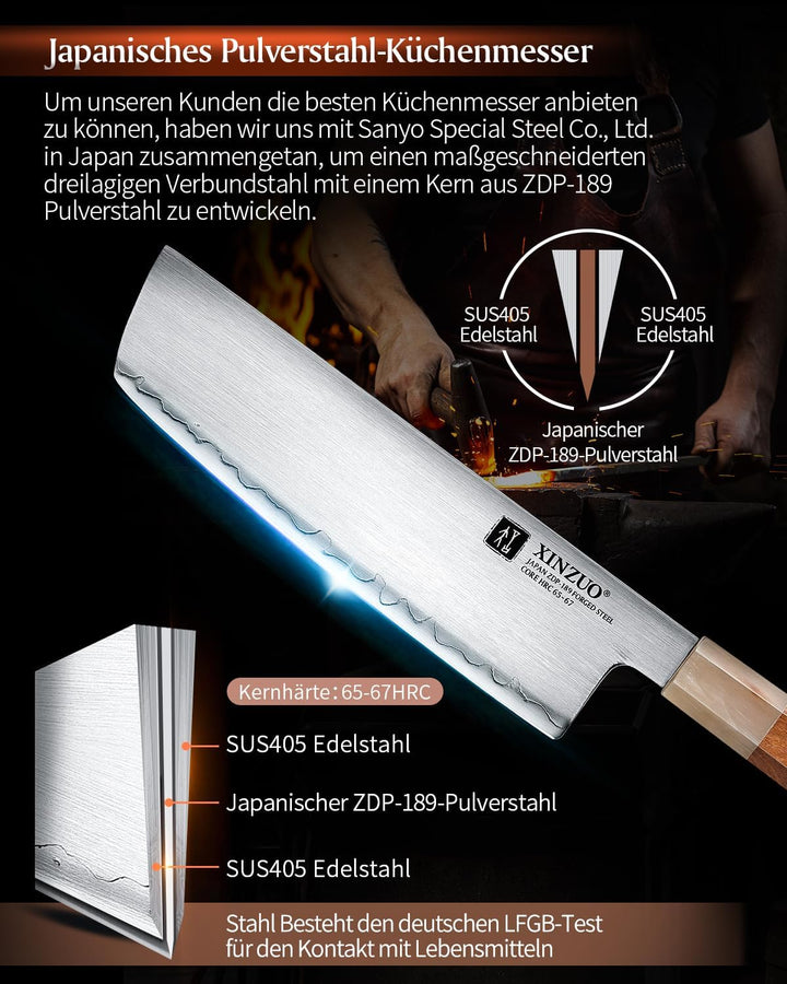 XINZUO Japanischer Stahl Nakirimesser 18.3cm Küchenmesser, Handgeschmiedet Kochmesser Japanischer ZD