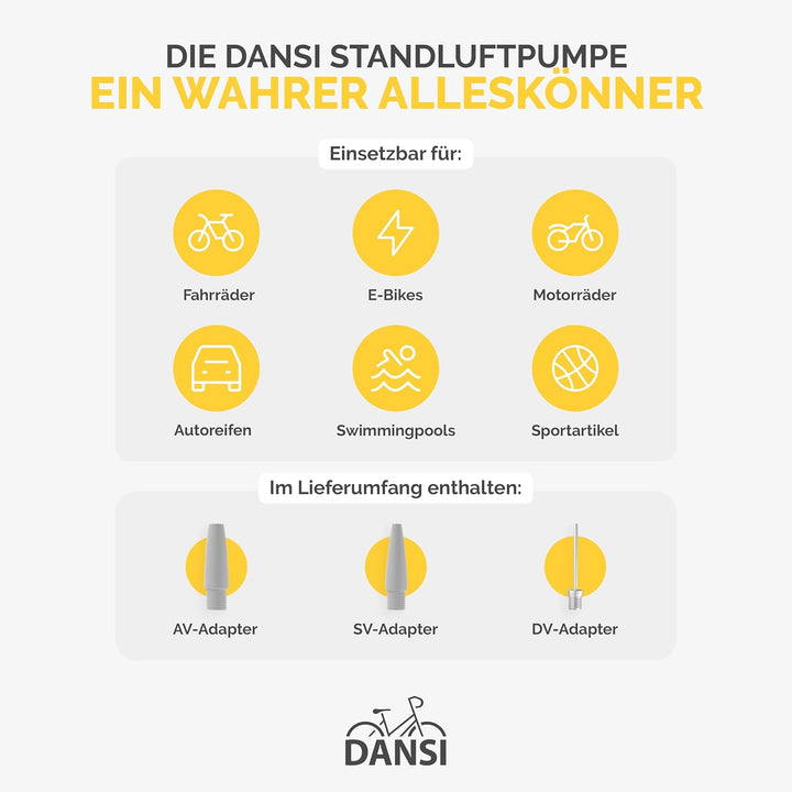 DANSI Stand-Fahrradpumpe alle Ventile AV, SV, DV - Luftpumpe Fahrrad Inklusive Grossem Manometer, Ad