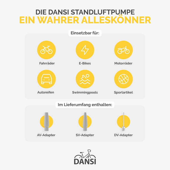 DANSI Standluftpumpe, Verschiedene Modelle, mit Adaptern, passend für alle gängigen Ventile, mit Man