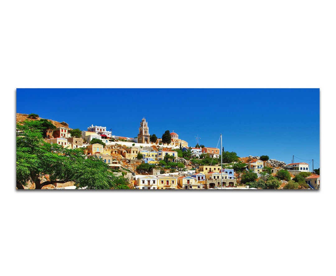 Paul Sinus Art Panoramabild auf Leinwand und Keilrahmen 120x40cm Griechenland Stadt Meer Boote Somme