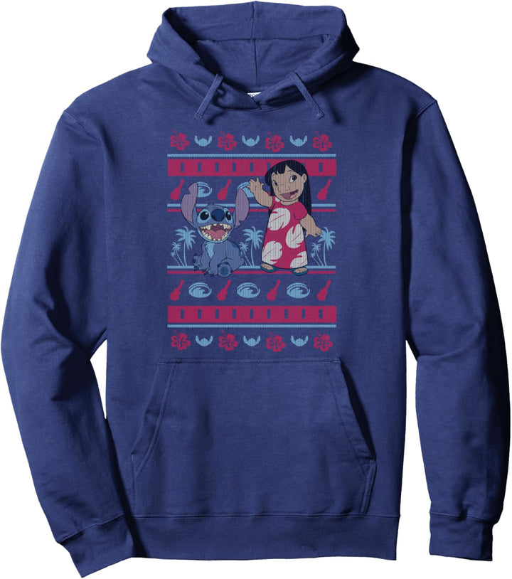 Disney Lilo & Stitch Christmas Hawaiian Print Sweater Style Pullover Hoodie