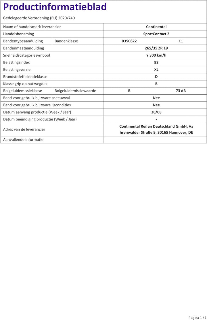 Continental SportContact 2 XL FR - 265/35R19 98Y - Sommerreifen 265/35 ZR19 98Y - AO/FR/XL, 265/35 Z