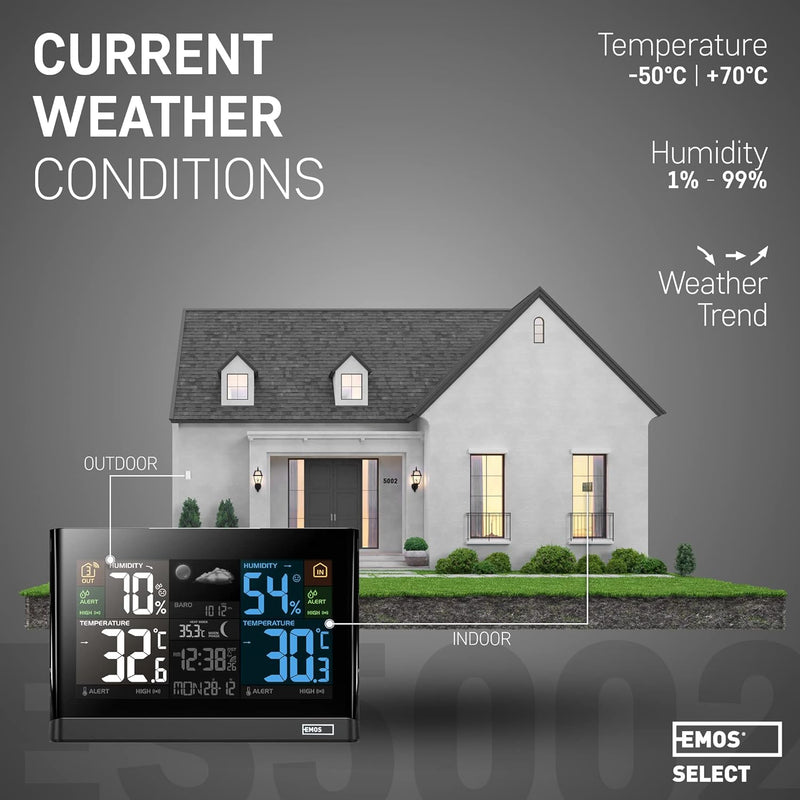 EMOS Wetterstation - Drahtloses System mit Farbdisplay, zur Wettervorhersage, für drinnen & draussen