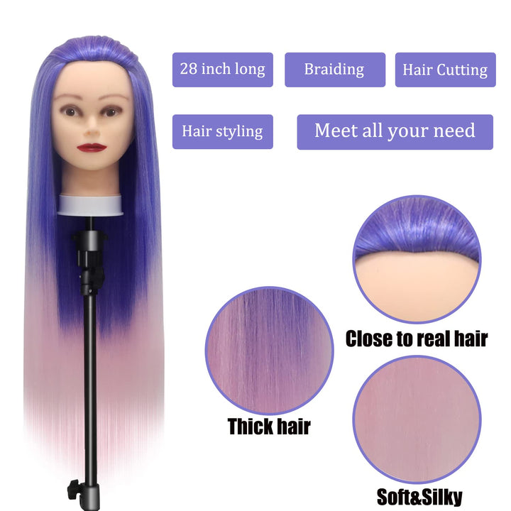 Trainingsköpfe, 28 inch Übungskopf Frisierkopf Friseur 100% Synthetikfaser-Haar Styling Kopf Frisier