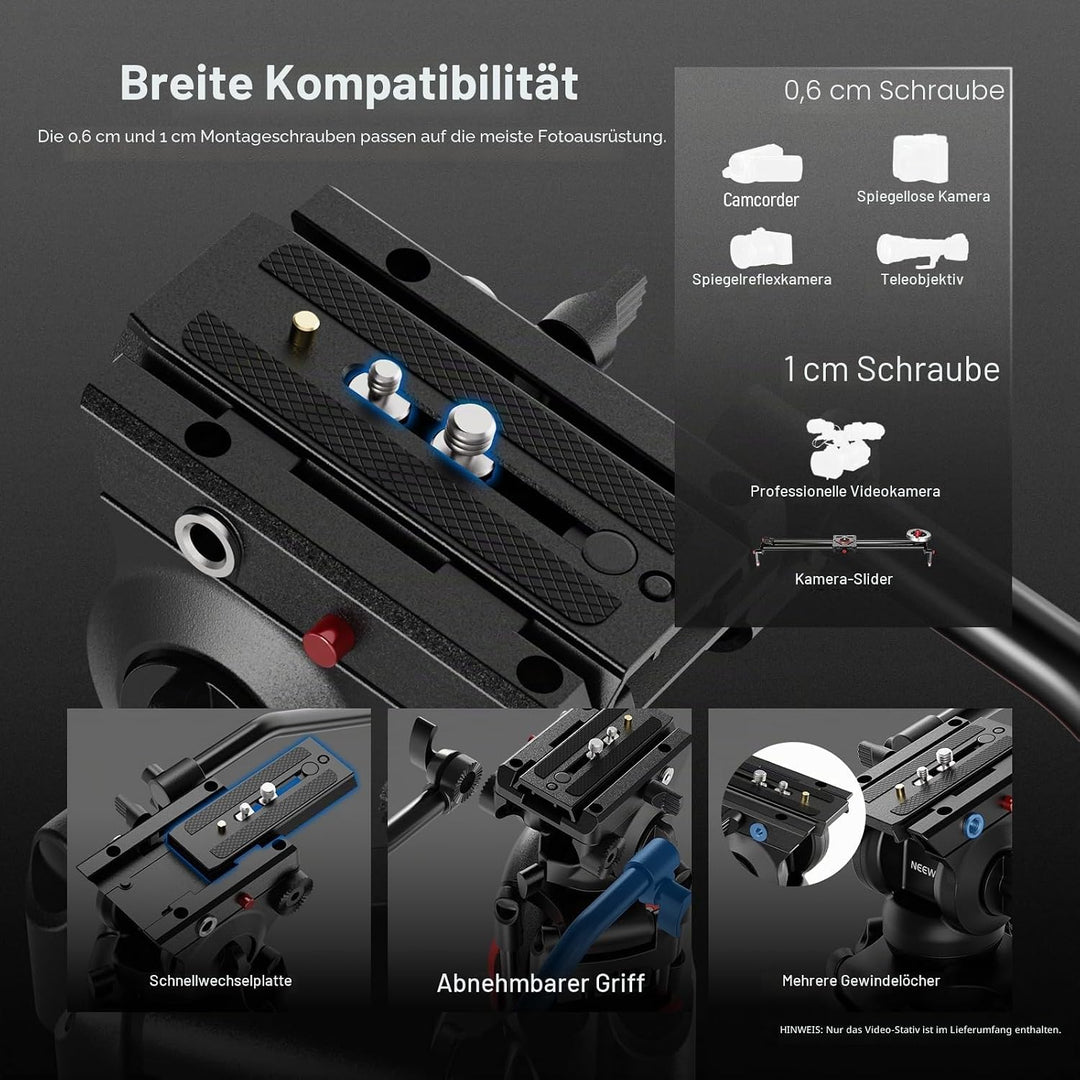 NEEWER Basic 74“ Videostativ mit Fluidkopf [Basisversion], Metall Kamerastativ mit sanfter Reibungsd