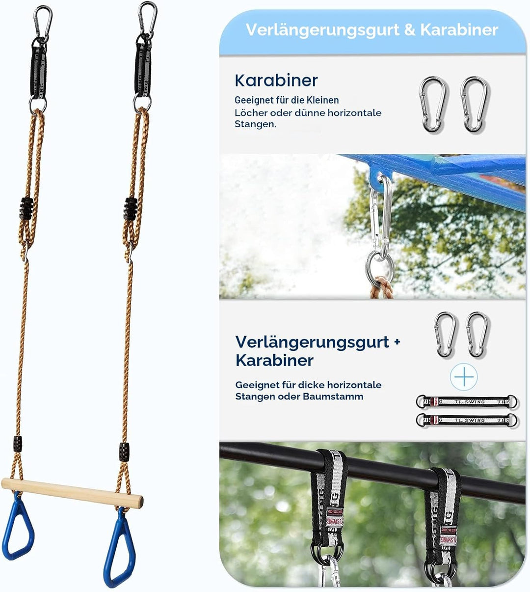 Katomi Multifunktions Kinderholz Trapeze Schaukel mit Kunststoff Turnringe zum Aufhängen belastbar b