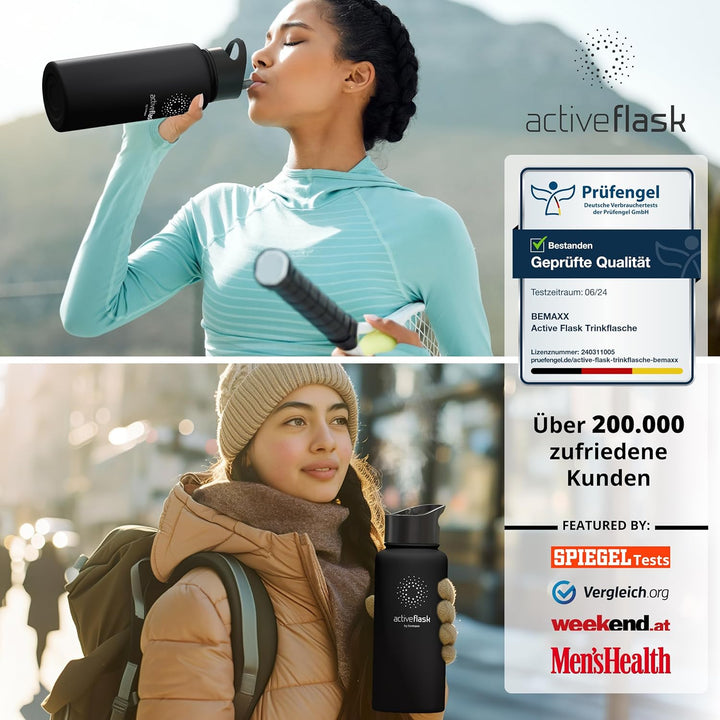 Trinkflasche Edelstahl ACTIVE FLASK + Strohhalm (3 Deckel) BPA-frei, Auslaufsicher, Kohlensäure geei