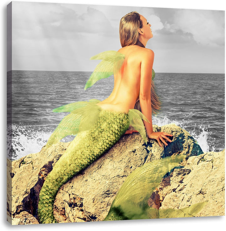 Pixxprint Traumhafte Meerjungfrau Schwarz/Weiss, Format: 70x70 auf Leinwand, 70x70