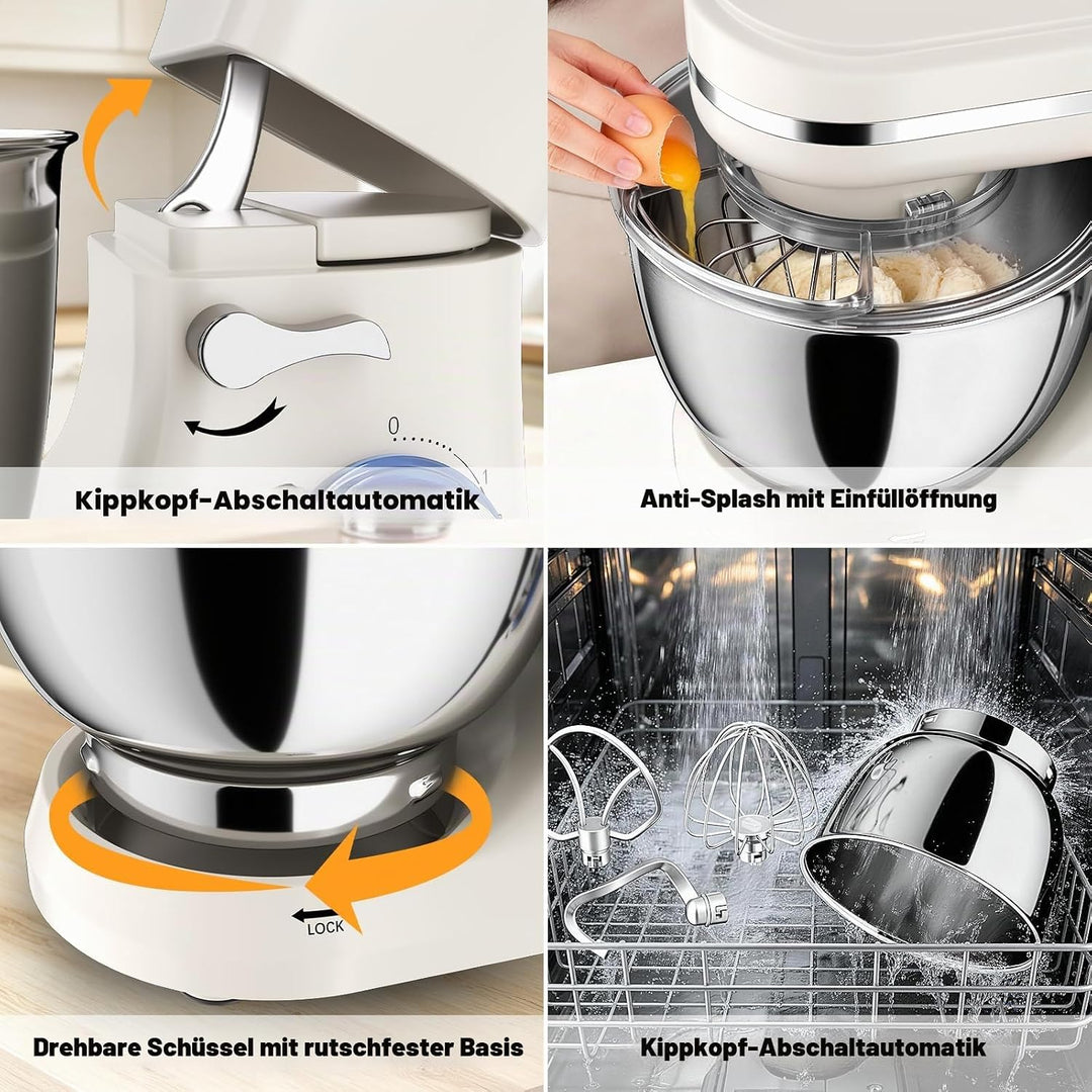 Küchenmaschine 5L – Knetmaschine mit 1000W, 8+ P Geschwindigkeiten, 3 Rührwerkzeuge, Spritzschutz, T