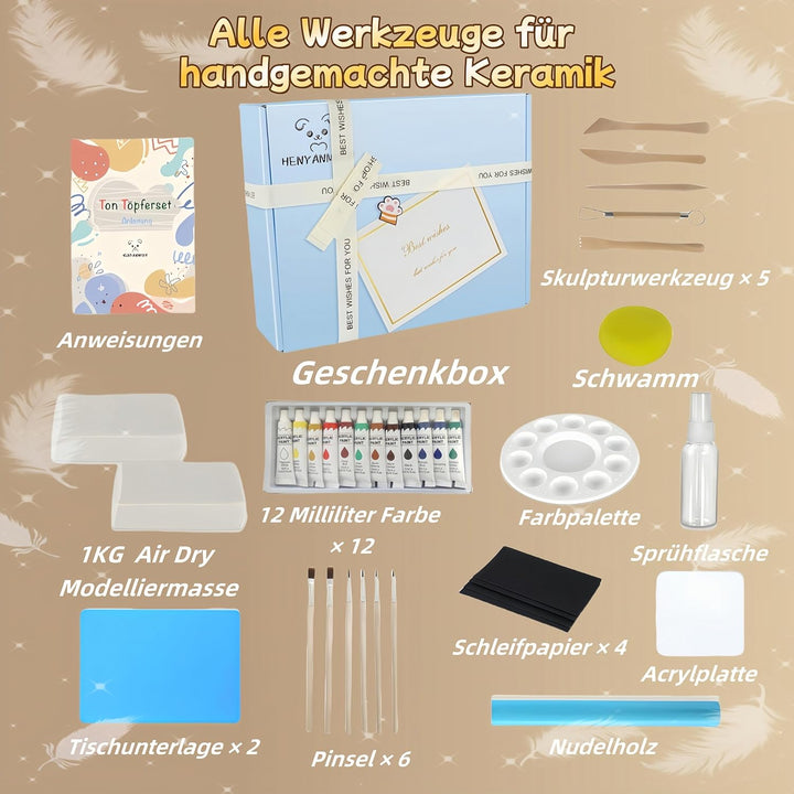 Töpfer-Set für Erwachsene für Zuhause | Lufttrocknendes Ton-Set für Anfänger inklusive Anleitung, Ti