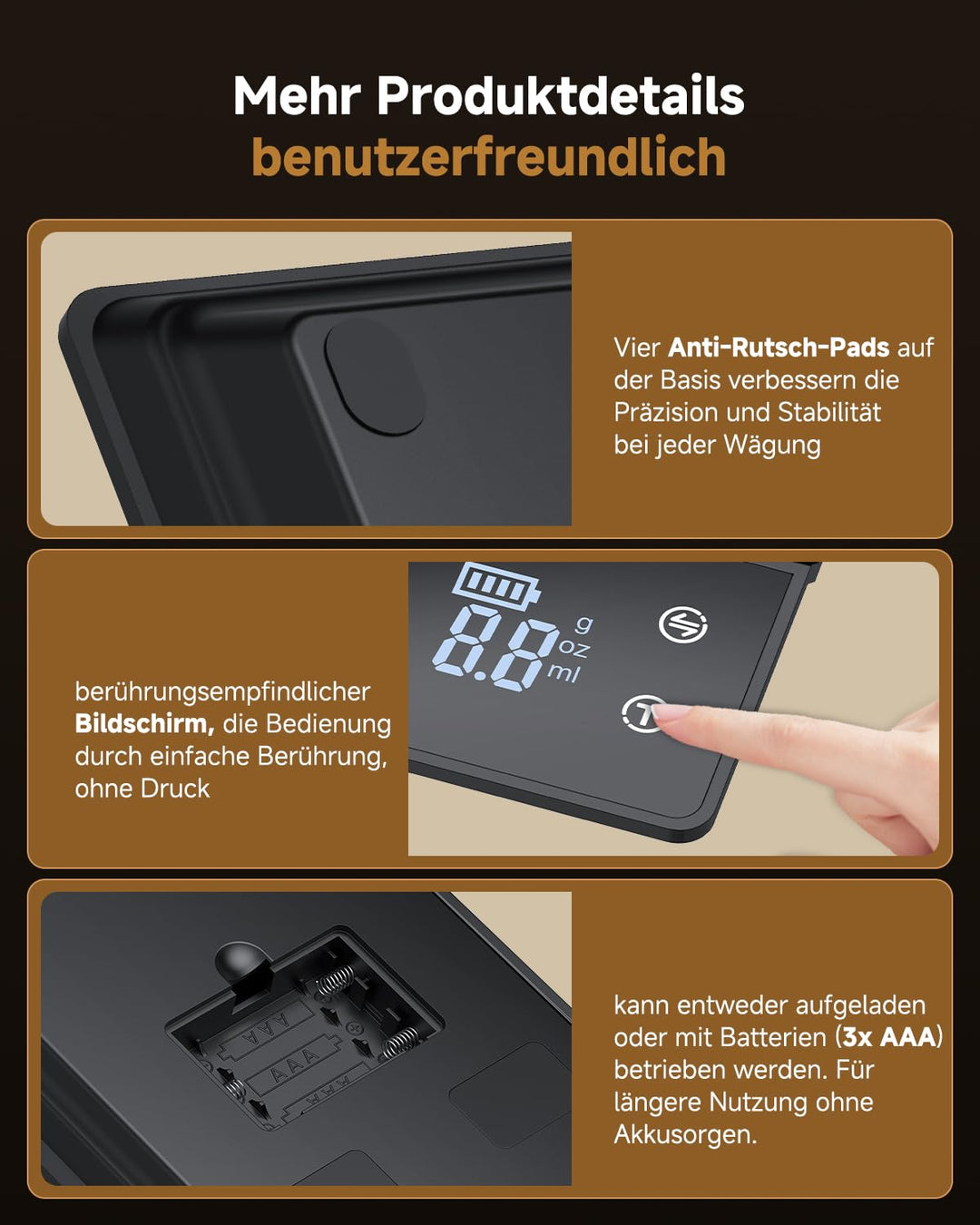 Digitale Kaffeewaage mit Timer, 3 kg/0,1 g | Timer und Countdown, wiederaufladbare Espresso-Waage mi
