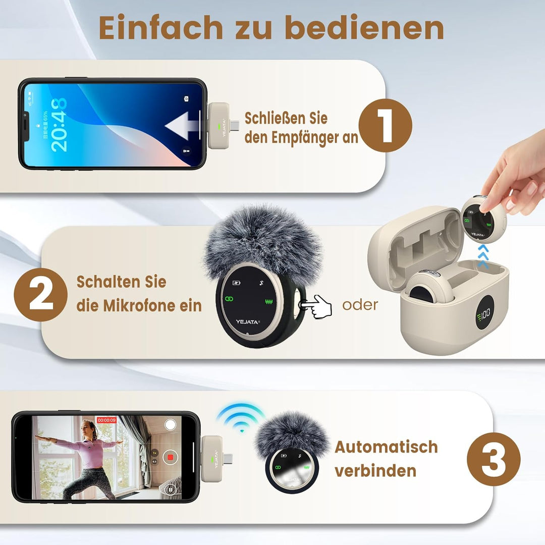 Dual-Interface-Funkmikrofon für iPhone und Android | 25 m Reichweite, 40-Stunden-Ladecase, DSP-Rausc