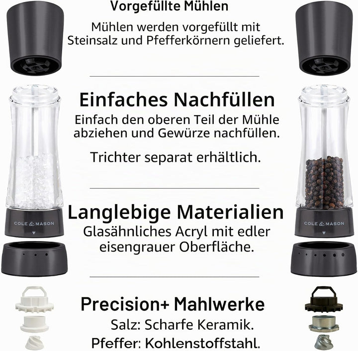 Cole &amp; Mason H59428G Derwent Gunmetal Grau Salz und Pfeffer Mühle, 2er Set Manuell, Edelstahl/Acryl,