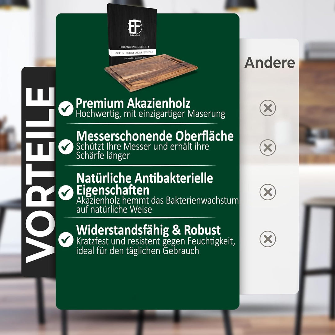 EndlessFresh Schneidebrett Holz - Premium cutting board wood - 39x25cm gross - Holzbrett Küche Akazi